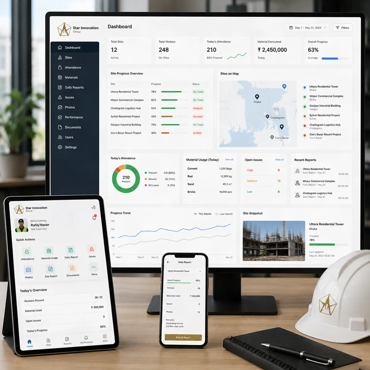 Star Innovation Group construction site management dashboard and mobile app